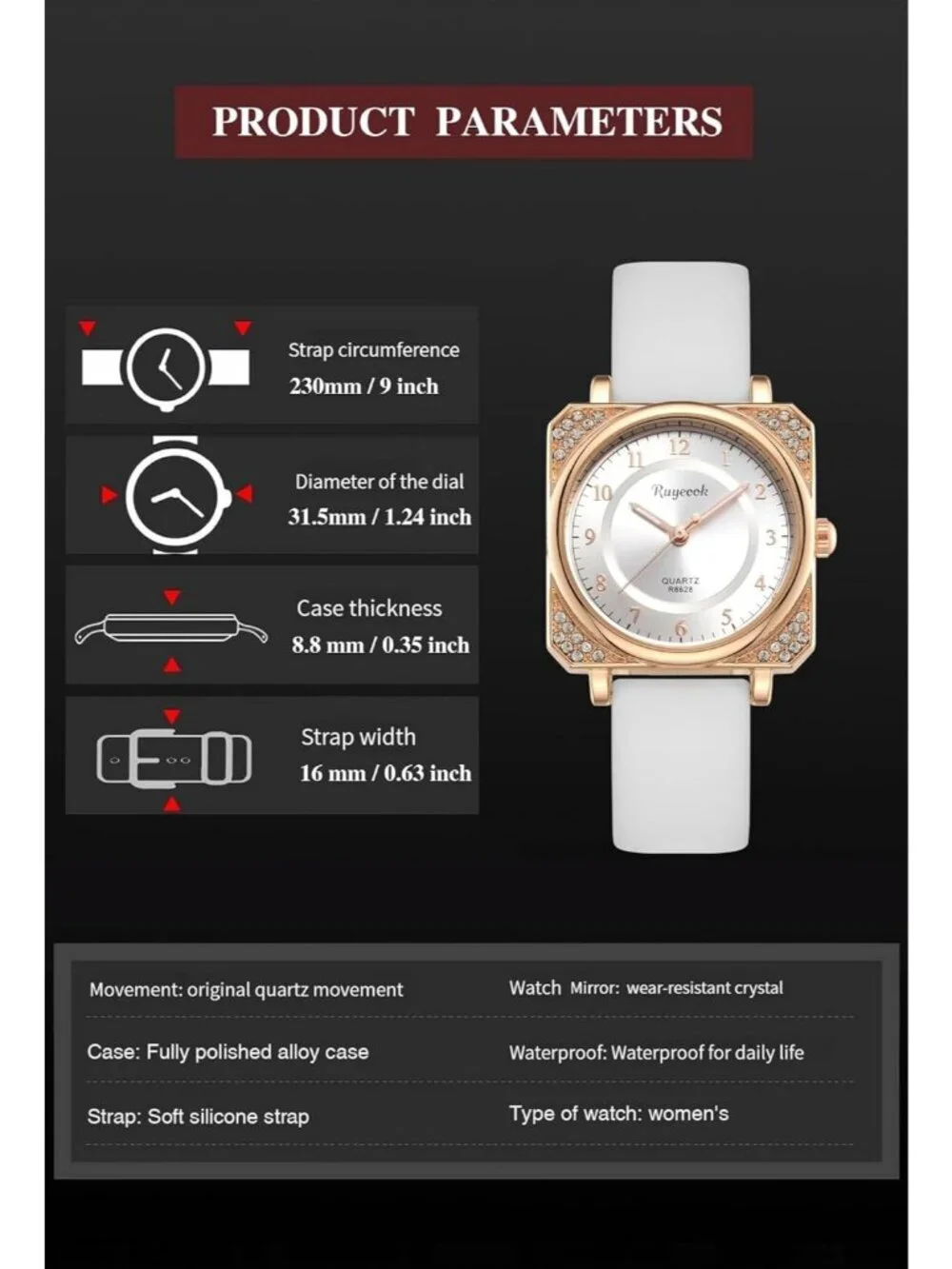 Women's White Analog Quartz Silicone Band Crystal Square Waterproof Wrist Watch